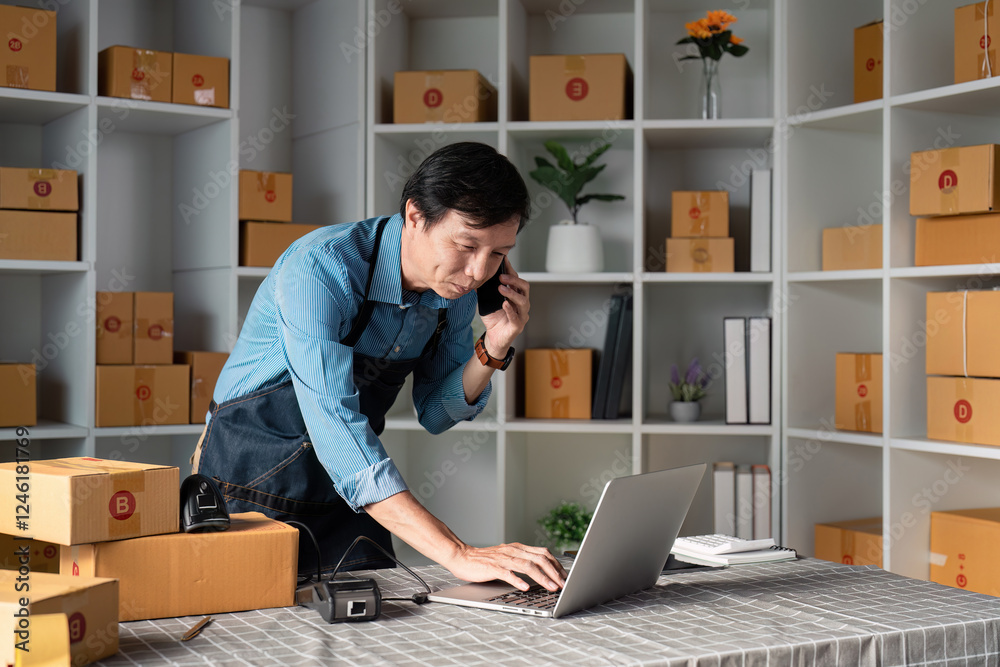 E-commerce entrepreneur on a phone call while managing online sales at a desk filled with shipping boxes in a modern workspace. E-commerce entrepreneur on a phone call while managing online sales at a desk filled with shipping boxes in a modern workspace.