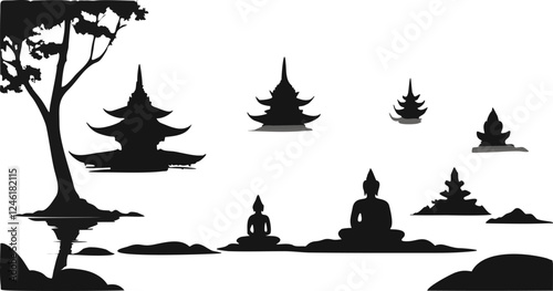 Vesak Day Monochrome Silhouette – Buddha Meditation on Lotus