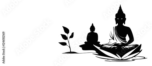 Vesak Day Monochrome Silhouette – Buddha Meditation on Lotus