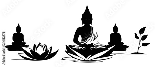 Vesak Day Monochrome Silhouette – Buddha Meditation on Lotus