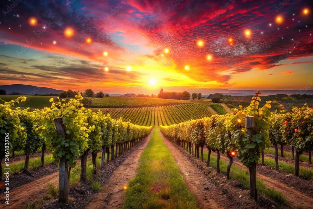 Naklejka premium Bokeh sunset over a dreamy vineyard landscape.