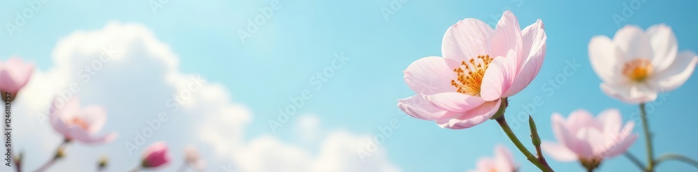 Delicate flower blooms on a cloudy sky background with soft pastel hues of blue and white, nature, bloom