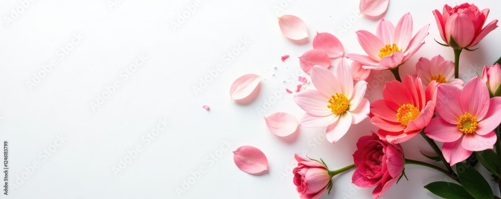 Delicate floral arrangement on white background, bouquet, flowers, petals Delicate floral arrangement on white background, bouquet, flowers, petals