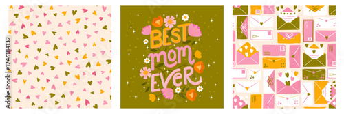 Lovely hand drawn Mother's Day seamless patterns and hand lettering, cute envelopes with decorations background - great for textiles, cloth, banners, wallpapers, wrapping, vector