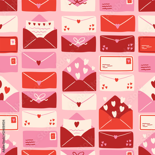 Lovely hand drawn Valentine's Day seamless pattern, cute envelopes with decorations background - great for textiles, cloth, banners, wallpapers, wrapping, vector