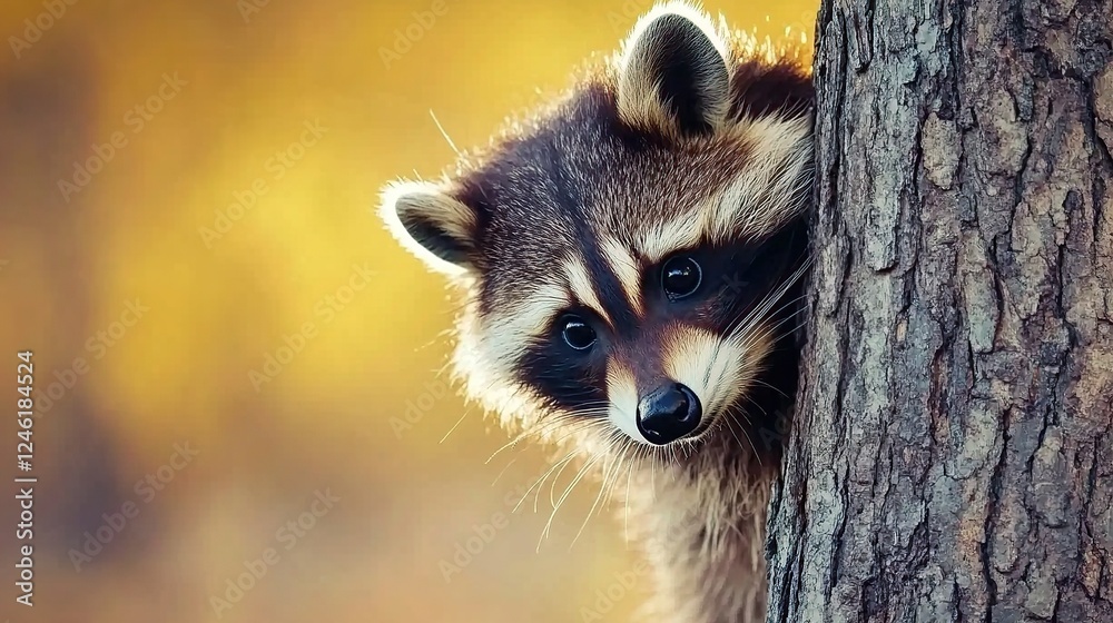 Obraz premium Curious raccoon peeking tree autumn forest nature wildlife