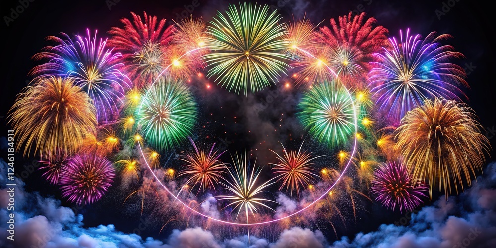 Circle of fireworks explodes against a black backdrop. Circle of fireworks explodes against a black backdrop.