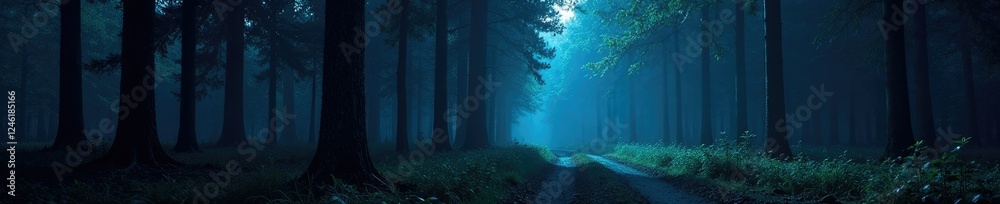 Fototapeta premium Dark forest with tall trees and a shadown on the ground, night sky, forest