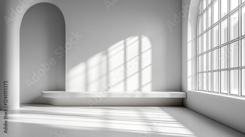 Modern Minimalist White Room Interior Design Sunlight Bench arch wall home space clean style decor  