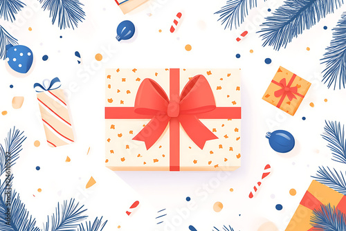 A festive scene featuring wrapped gifts, candy canes, and decorative elements.