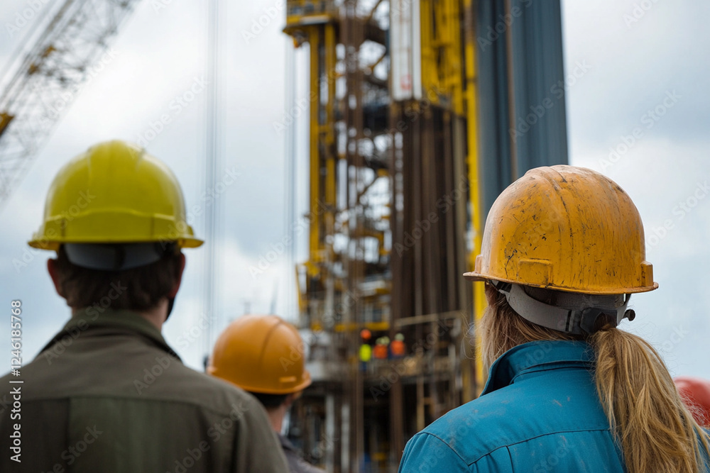 Engineers in helmets discuss gas extraction project