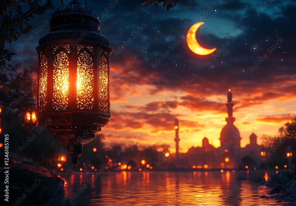 A glowing lantern illuminates a tranquil river scene at sunset with a crescent moon and silhouetted mosque in the background A glowing lantern illuminates a tranquil river scene at sunset with a crescent moon and silhouetted mosque in the background