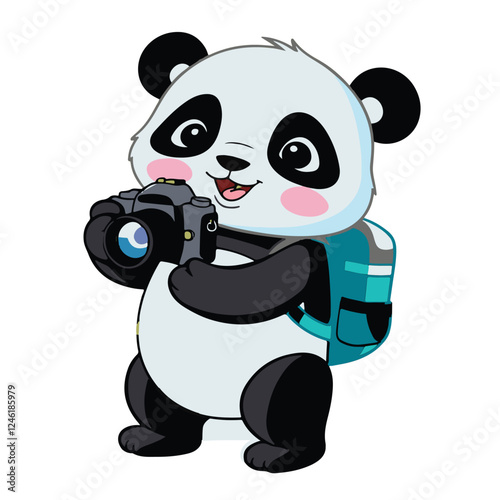 A cute baby panda sitting happily with bamboo in a fun cartoon illustration