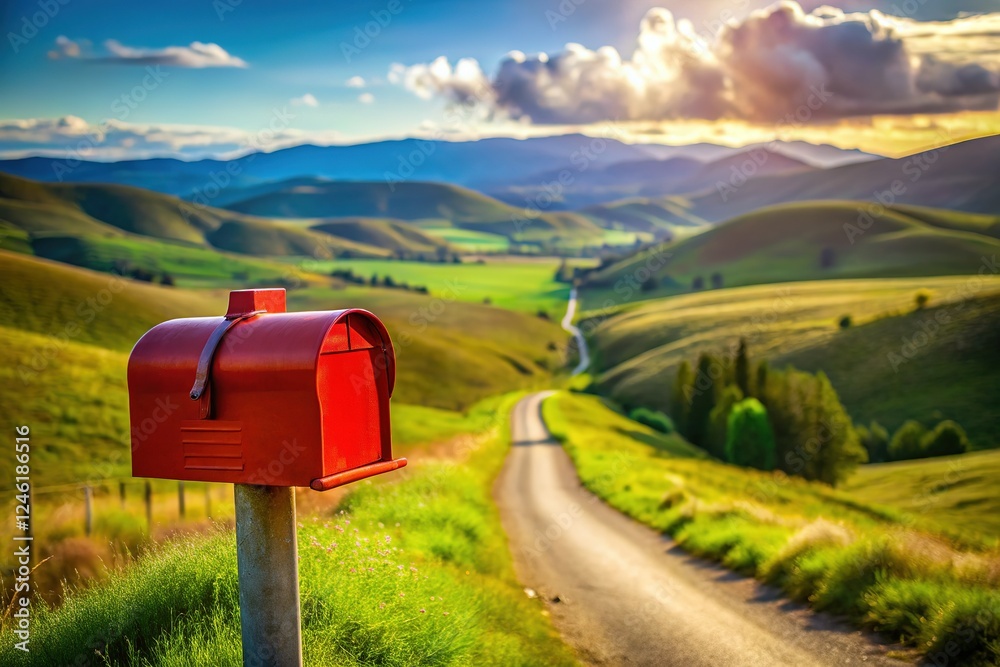 Country mailbox, distant hills, quiet connection. Country mailbox, distant hills, quiet connection.
