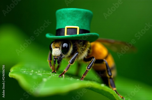 Bee traditional green Irish costume hat St. Patrick's Day card. AI Generative photo