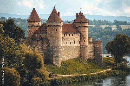 Stunning view of medieval castle with tall towers and red roofs surrounded by lush greenery and scenic hills. Majestic stone structure set against beautiful natural landscape