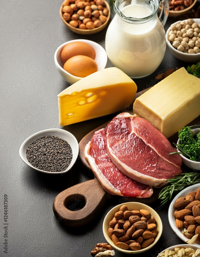 Generated image Meat, Milk, cheese, Legumes, eggs, nuts and seeds, Keto diet concept background with copyspace Generated image Meat, Milk, cheese, Legumes, eggs, nuts and seeds, Keto diet concept background with copyspace
