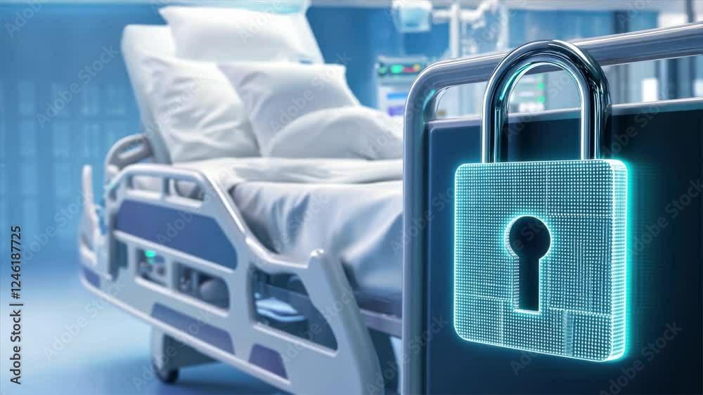 A digital padlock on the side of an advanced hospital bed symbolizes healthcare data security, secure health records, and medical data protection in modern healthcare environments