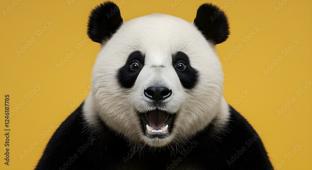 Fototapeta premium Surprised panda with wide eyes and mouth on vibrant yellow background
