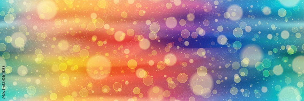 Abstract rainbow seamless bg with bokeh and overlay texture. Colorful background in red, yellow, and blue colors with gradient mesh and noise texture. Bright wallpaper