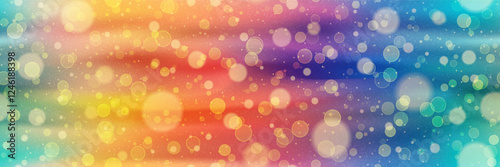 Abstract rainbow seamless bg with bokeh and overlay texture. Colorful background in red, yellow, and blue colors with gradient mesh and noise texture. Bright wallpaper