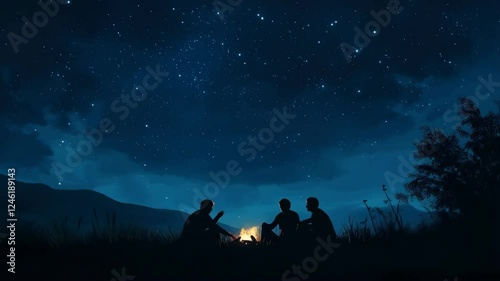 Silhouette of Campers Enjoying a Cozy Campfire Under a Starry Night Sky in a Peaceful Natural Setting
