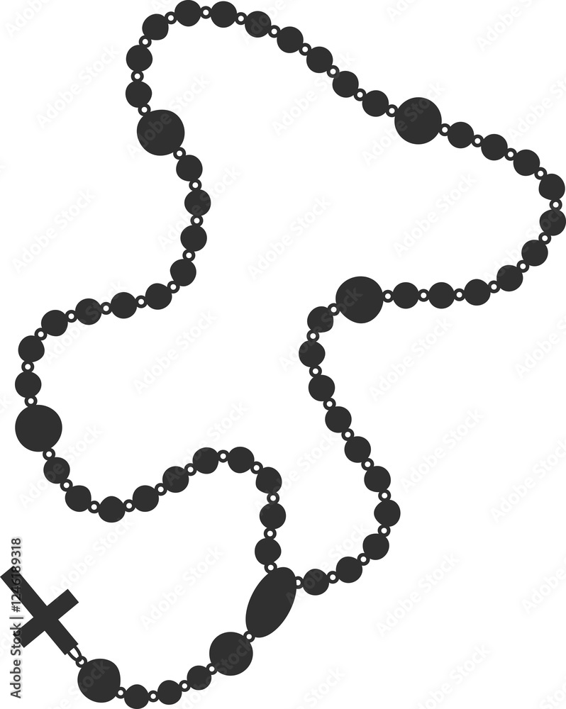 Catholic rosary beads. Christian necklace with cross. Prayer chain with crucifix. Religious jewelry silhouette Catholic rosary beads. Christian necklace with cross. Prayer chain with crucifix. Religious jewelry silhouette