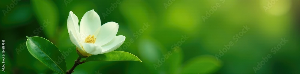 Fototapeta premium A single white magnolia flower on a bed of green leaves, spring blooms, botanicals, tree flowers