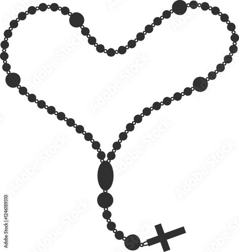 Catholic rosary beads. Christian necklace with cross. Prayer chain with crucifix. Religious jewelry silhouette