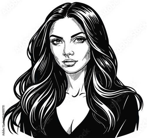 Vibrant woman with long hair advertised style trend concept portrait of winsome loveable images sign silhouette vector illustration 