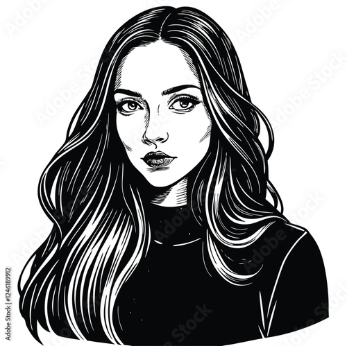 Vibrant woman with long hair advertised style trend concept portrait of winsome loveable images sign silhouette vector illustration 