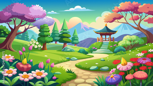 Beautiful nature background. Natural view spring summer flower blooming in the garden green grass background. Sunny day zen garden colorful nature 