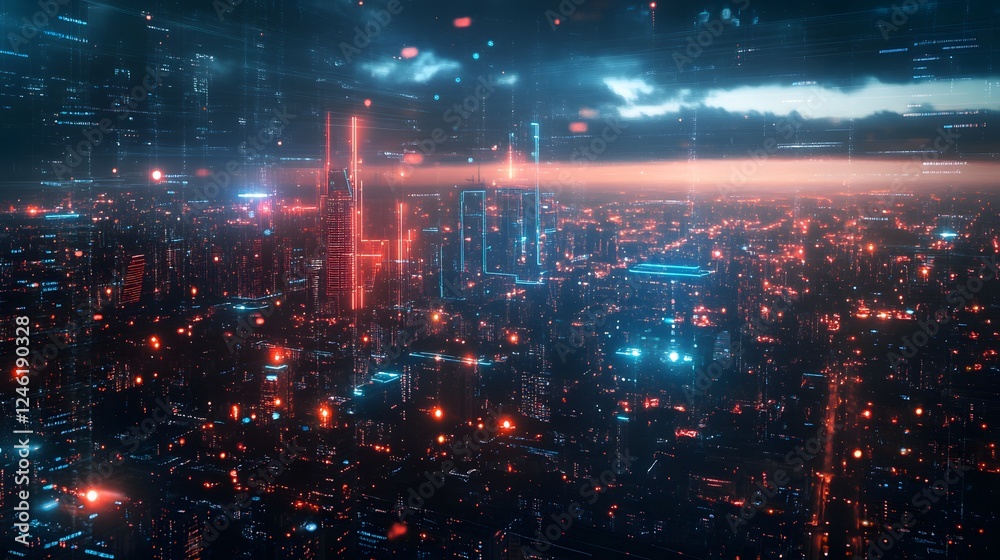 Fototapeta premium A cityscape with a bright blue sky and a few clouds. The city is lit up with neon lights and the sky is filled with stars. Scene is futuristic and vibrant