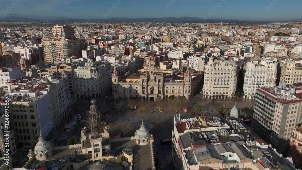 Valencia Central Square, la Placa de l'Ajuntament, Aerial. City Hall building at Ayuntamiento square in Valencia, Spain.