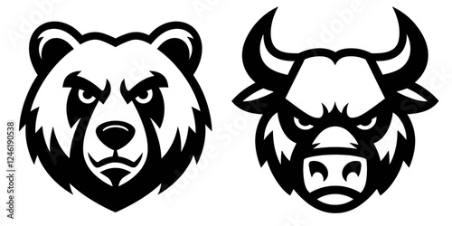 Stylized vector illustration of bear and bull black silhouettes, icons, mascots, symbols of opposing bull and bear markets in finance, stock market, trading