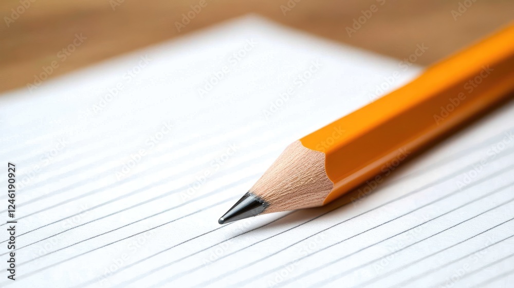 Orange pencil resting on lined paper, close-up view Orange pencil resting on lined paper, close-up view