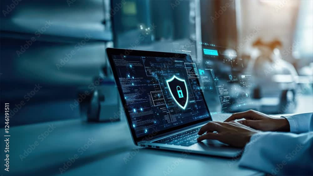 A medical professional uses advanced security technology on a laptop with digital shield and lock symbols, representing healthcare data security, medical data security, and secure health data