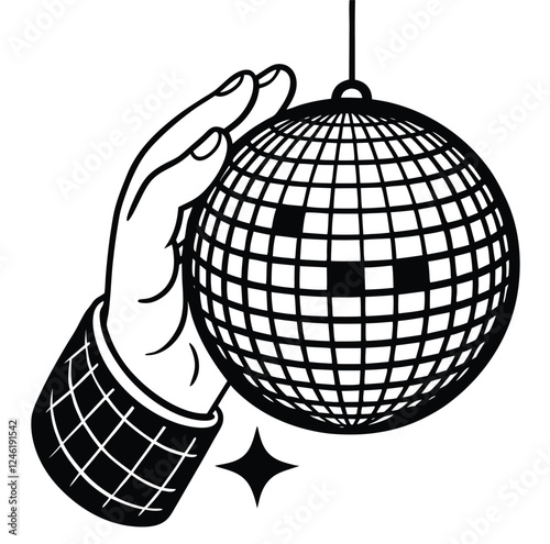 Shiny 3D disco ball vector illustration, a global symbol of round mirror design. Hand holding a round 3D globe mirrored disco sphere, a global icon of round decoration, reflects a 3D disco ball 