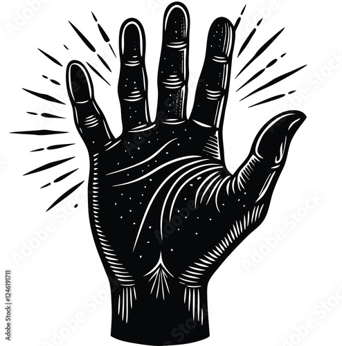 Black handprint shows a person's palm gesture with fingers and thumb silhouette sign line art icon sketch stock image minimalist line drawing vector illustration hand drawing design element 