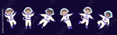 Children astronauts: boys and girls. Space concept.