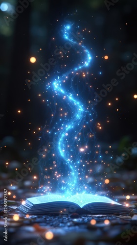Enchanted book releasing magical sparks in a mystical forest at twilight