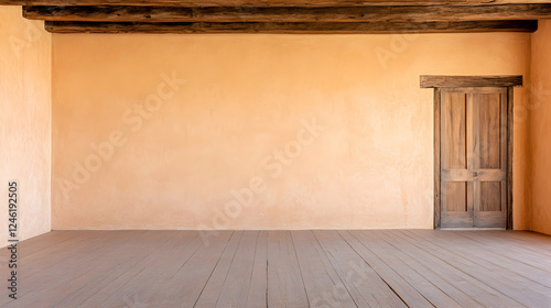 Empty room with peach walls and wooden beams, interior of an old adobe house, potential use for interior design inspiration