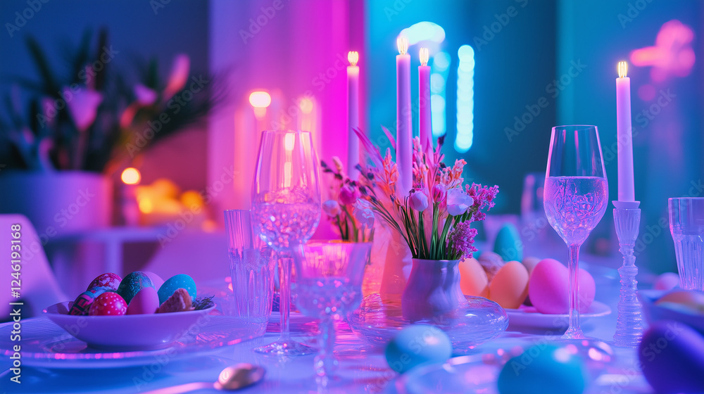 Colorful neon-lit Easter dinner setting with transparent plates and decorative spring elements Colorful neon-lit Easter dinner setting with transparent plates and decorative spring elements