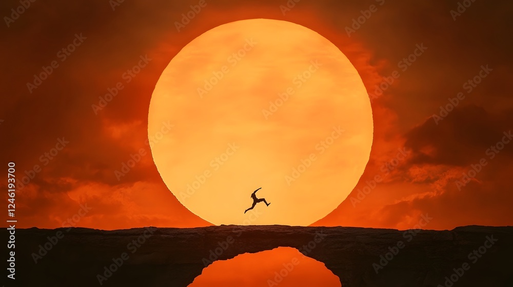 Obraz premium Silhouette of a Person Jumping Against a Large Orange Sun Setting