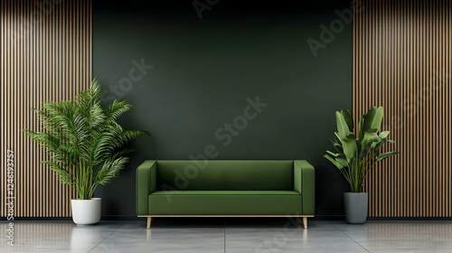 Modern green sofa in a minimalist room with wooden panels photo