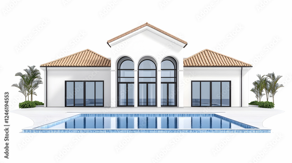 Modern villa with pool, front view, realistic rendering, for architecture presentation Modern villa with pool, front view, realistic rendering, for architecture presentation