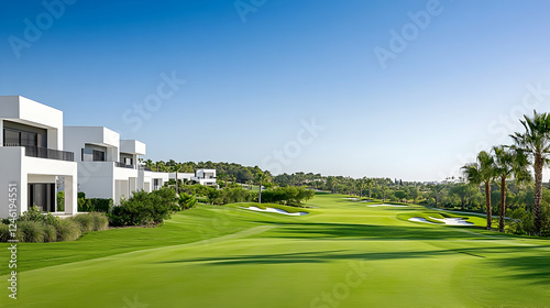 Modern villas overlooking a golf course, sunny day.  Possible use Stock photo for real estate, golf, or tourism photo