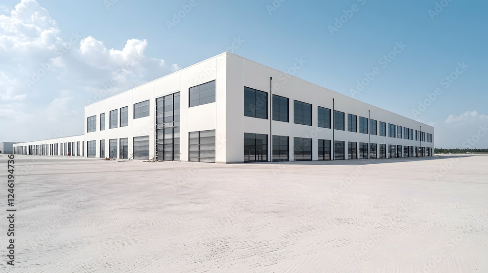 Modern white warehouse under a clear sky. Empty lot. Suitable for industrial, commercial, or real estate use Modern white warehouse under a clear sky. Empty lot. Suitable for industrial, commercial, or real estate use