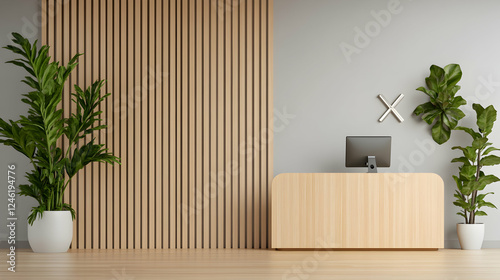 Modern wooden reception desk in minimalist office photo