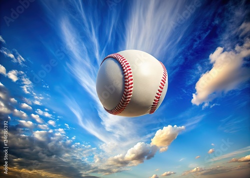 High-flying baseball, vibrant sports image, copy space.